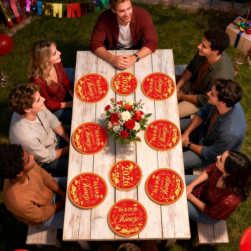 Greencian 200Pcs Chinese New Year Decorations Lunar New Year Paper Plates and Napkins Spring Festival DisposableTableware for 2026 Happy Chinese Spring Festival Decorations Serves 50