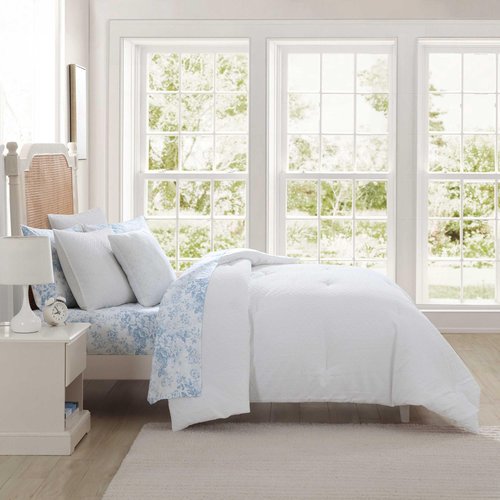 Laura Ashley - Twin XL Comforter Set, Soft Embossed Diamond Bedding, 6 Piece Bonus Bed Set with Matching Shams, Bed Sheets & Throw Pillow (Margaret White)