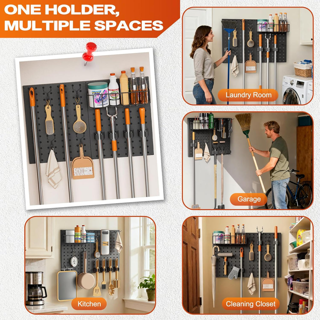 Pegboard Wall Organizer by Broom Holder - Mop Hanger Gripper Hooks & Storage Basket for Laundry Room