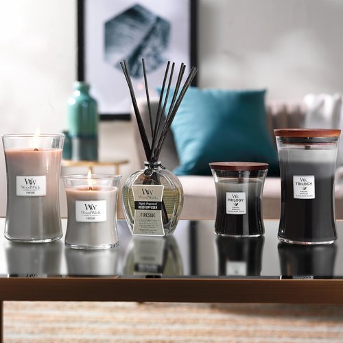 WoodWick Medium Hourglass Scented Trilogy Candle | Warm Woods | with Crackling Wick | Up to 60 Hours Burn Time