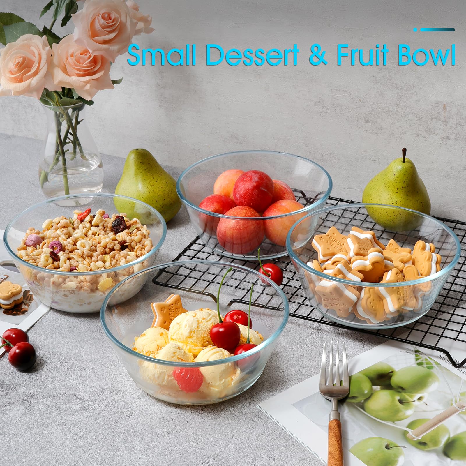 NUTRIUPS 25oz Flat Bottom Small Glass Bowls Set of 4, 6in Clear Glass Cereal Bowls, Shallow Bowl for Kitchen, Microwave and Oven Safe