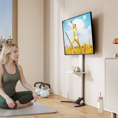 ECOTINY Ultra Slim Floor TV Stand for 37–86 Inch TVs, Modern Curved Base with Shelf, Adjustable Height & Tilt, Space-Saving Design with Cable Management, Fits VESA 600x400mm, White