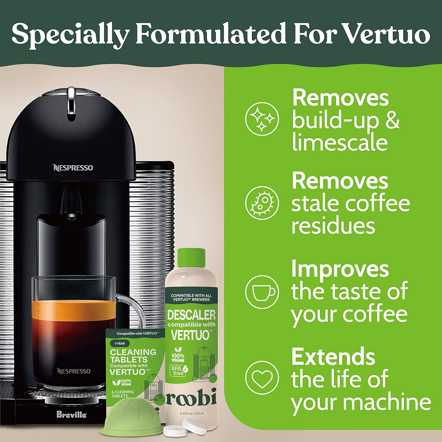 Roobi Nespresso Compatible Vertuo Cleaning & Descaling Kit - 6 Month Supply | Eco-Friendly Maintenance Essentials
