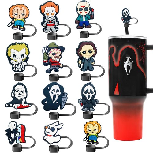 12PCS Halloween Straw Toppers for Stanley Cup, Silicone Horror Straw Cover for Stanley 30&40 Oz Tumbler with Handle, 10mm 0.4in Dust-Proof Reusable Straws Tips for Halloween Gifts
