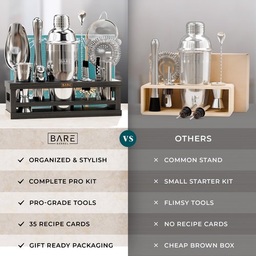 BARE BARREL® Mixology Bartender Kit Bar Set | 16-Piece Cocktail Shaker Set | Martini Barware Mixing Tools for Home Bartending | Incl. 35 Recipe Cards | Gift Set (24oz Cobbler Shaker, Silver/Black)