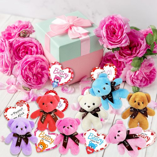Haayeicai 30 Pack Valentine Day Mini Plush Animals Toys,Valentine's Day Gifts for Kids,Cute Stuffed Animals Toys with Heart Cards for Kids,School Prizes,Valentine's Day Party Supplies