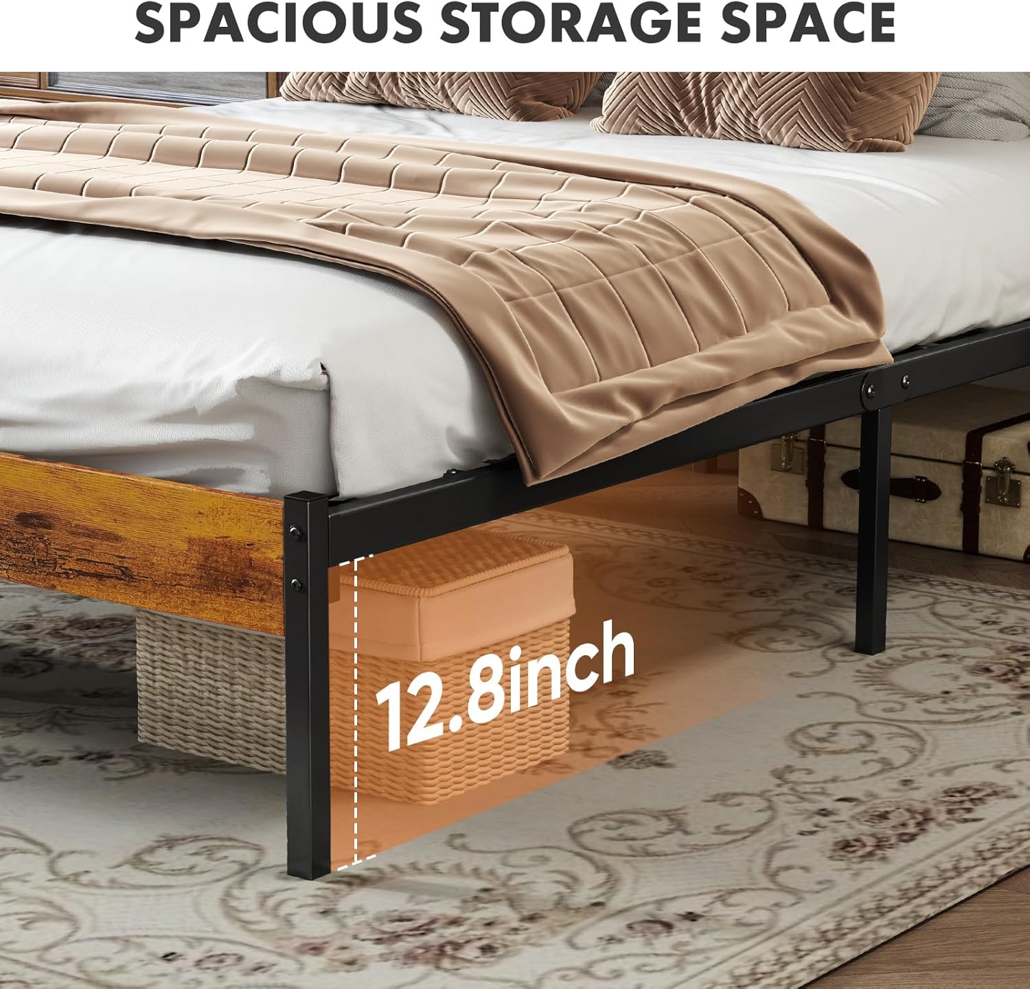 Sweetcrispy Queen Size Bed Frame - Sturdy Metal Support, Under Bed Storage, Easy Assembly | Rust Brown