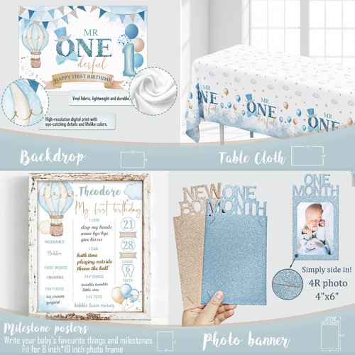 1st Birthday Decorations for Boy, First Birthday Party Supplies, Baby Boy First Bday Decorations, Balloon Boxes, Backdrop, High Chair Banner, Crown, Photo Banner
