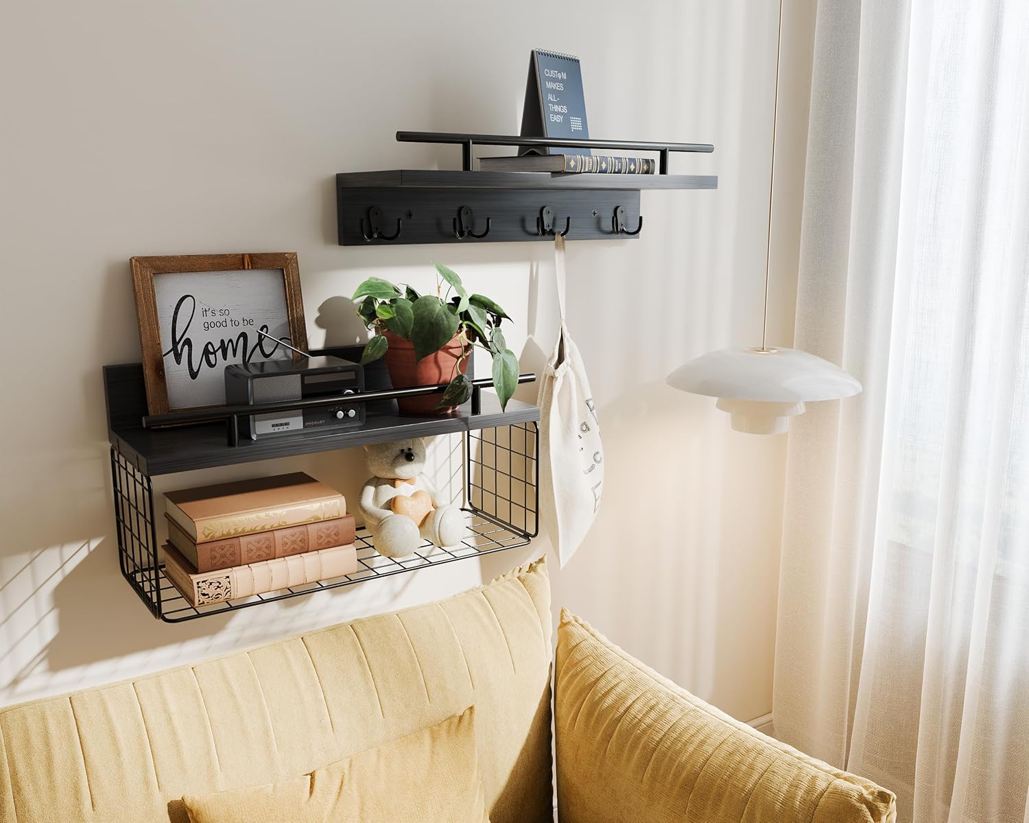 Regine Switzerland Floating Shelves - Black Bathroom Wall Shelves Set of 2 with Basket & Hooks