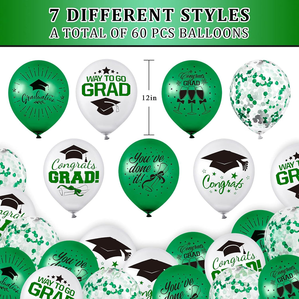 Whaline Graduation Party Balloon Set - 60 Pcs Green & White Confetti Latex Balloons | 7 Designs with Ribbon