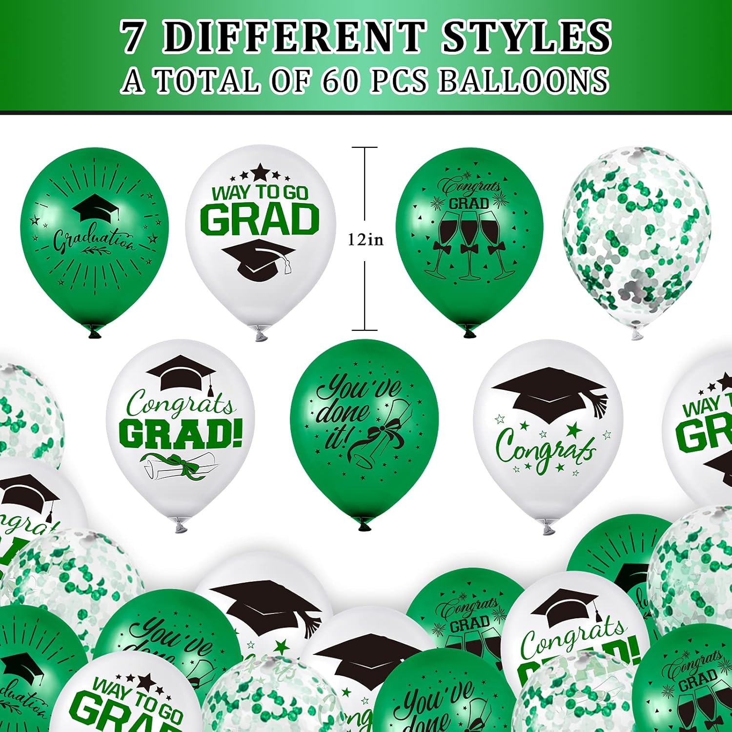 Whaline Graduation Party Balloon Set - 60 Pcs Green & White Confetti Latex Balloons | 7 Designs with Ribbon