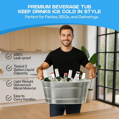 2 Pack Galvanized Tub with Handles - Beverage Tub with 2 Ice Scoops, 3 Gallon Ice Bucket for Parties, Metal Drink Buckets for Parties for Champagne Cocktails Wine Cooling for Mimosa Bar Supplies