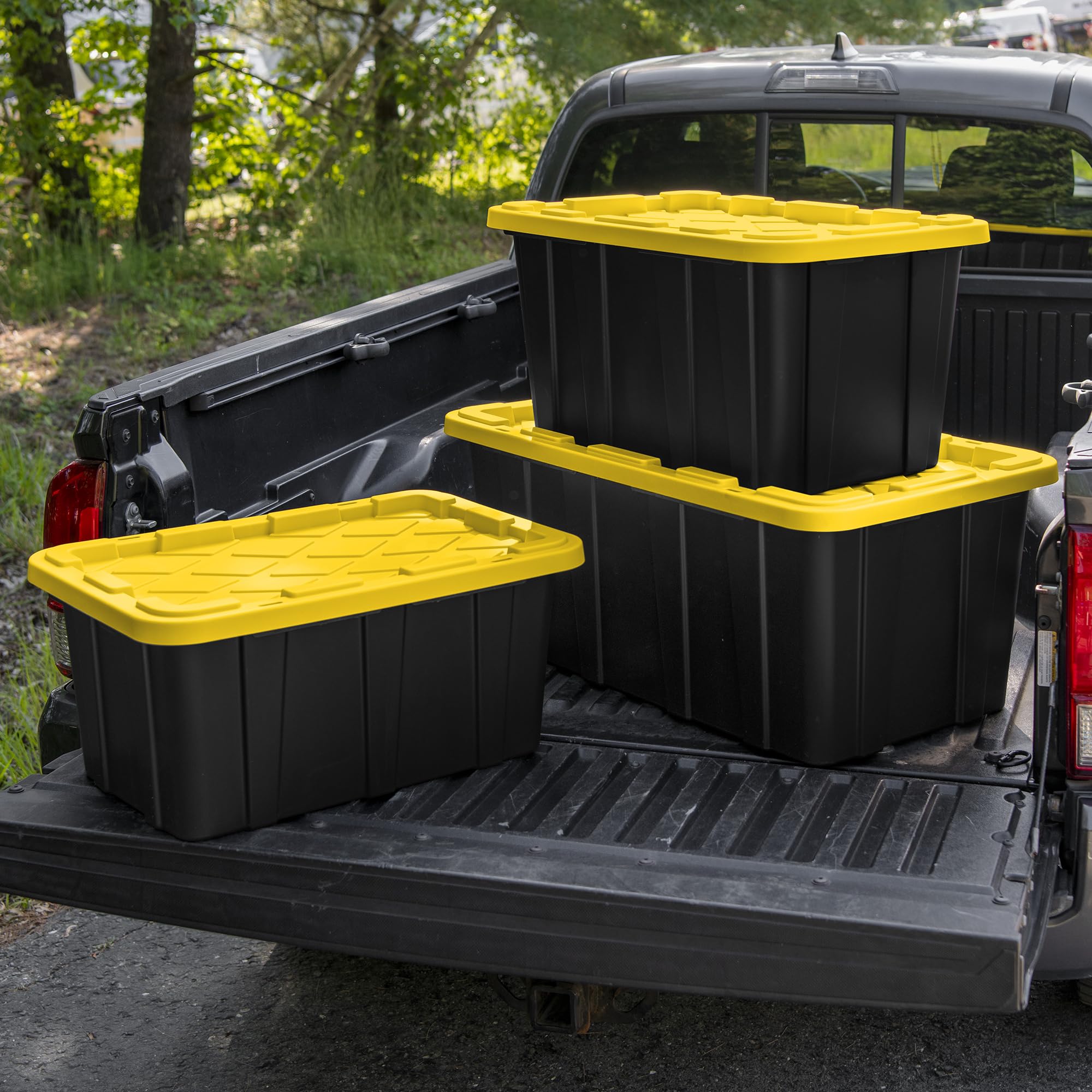 Sterilite 17 Gal Industrial Tote, Stackable Storage Bin with Snap-Fit Lid for Garage, Basement & Attic Storage, Black Base and Yellow Lily Lid, 6-Pack