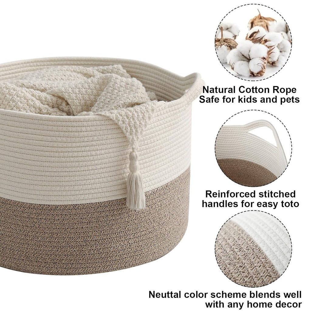 Regine Switzerland 65L Large Woven Cotton Rope Basket - Stylish Laundry Hamper for Bedroom & Living Room, White & Brown