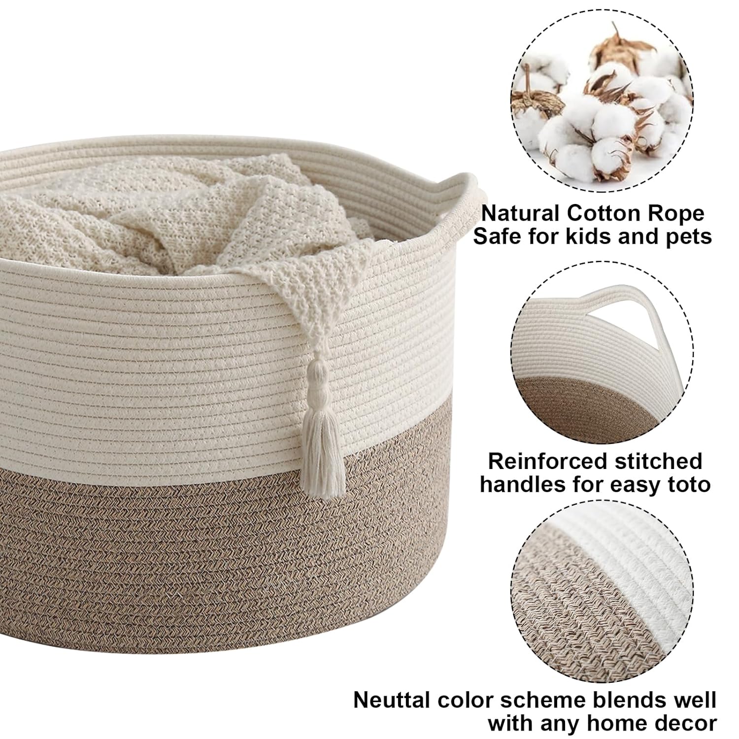 Regine Switzerland 65L Large Woven Cotton Rope Basket - Stylish Laundry Hamper for Bedroom & Living Room, White & Brown