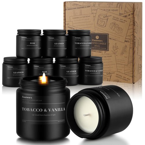 FISSIWORX 9 Pack Scented Candles Set Gifts for Men, Aromatherapy Candle Set with Scents (Leather/Vanilla/Oak) - Gift for Dad, Boyfriend, Birthday, Father’s Day, Valentine's Day Gift