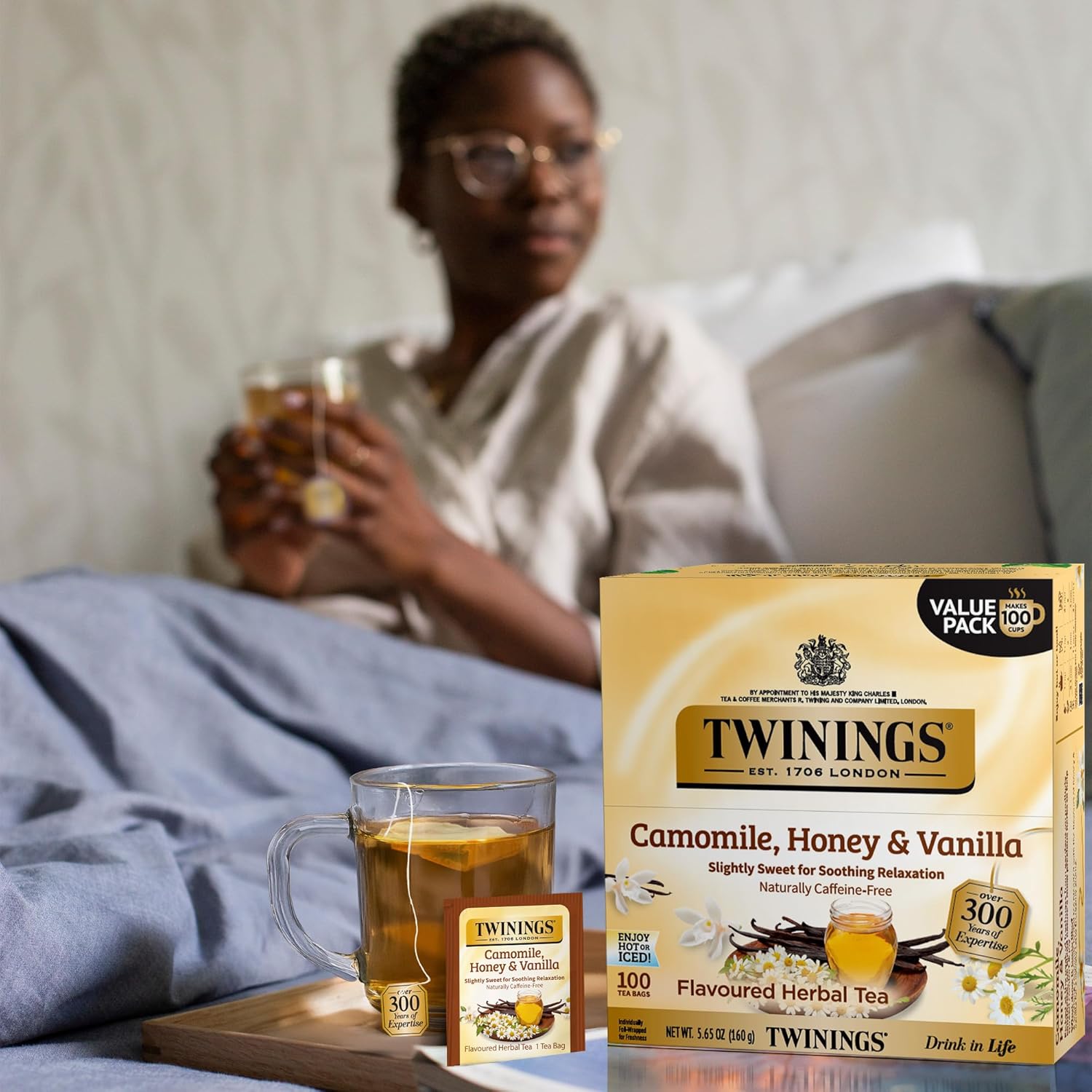 Twinings Camomile Herbal Tea - Honey & Vanilla Flavor, Naturally Caffeine-Free, 100 Individually Wrapped Bags