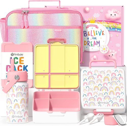 Fimibuke Kids Bento Lunch Box Set - 4 Compartments, Insulated Bag & Stainless Steel Bottle | Perfect Birthday Gift for Ages 3-12