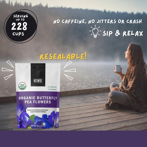 KEWIE Signature Butterfly Pea Flower Tea – 2oz Premium-Grade Blue Butterfly Pea Flower Organic Loose Leaf Tea – Caffeine-Free, USDA Organic – Natural Food Coloring – Vegan and Gluten-Free