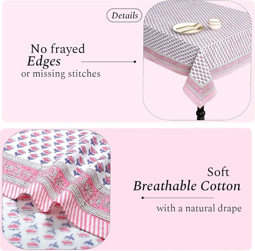 CPC Tablecloth - 100% Cotton Square Table Cover | 60x60 Inch Indian Block Print - Pink Sapphire