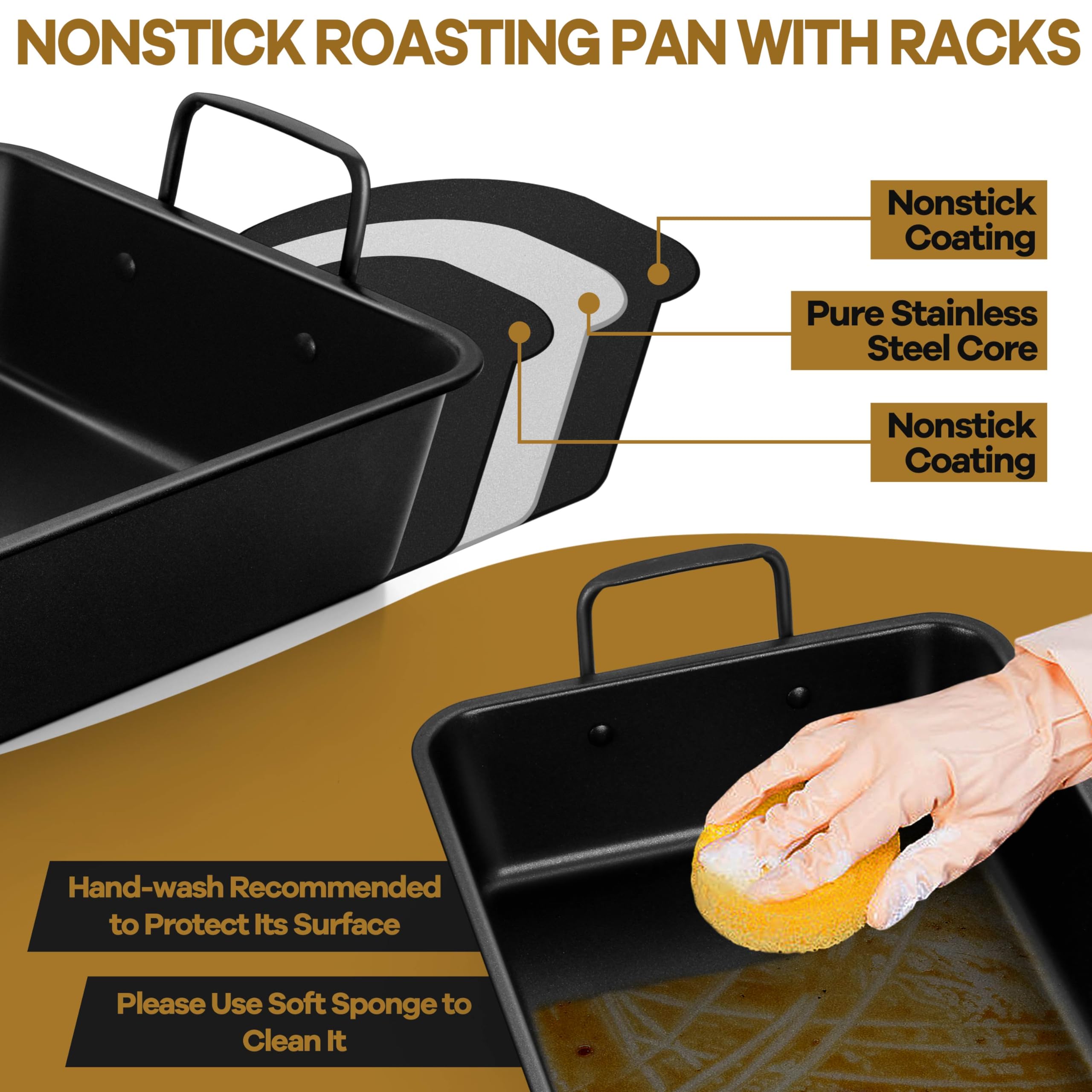 P&P CHEF 16" Roaster Roasting Pan with Baking Rack and V-shaped Rack, Stainless Steel Rectangular Lasagna Pan with Handles for Turkey Chicken, Healthy & Dishwasher Safe, 3 Pieces, Black