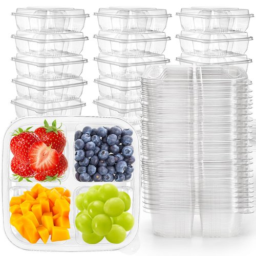 Peohud 50 Pack Clear Bento Snack Containers, 4 Compartment Food Storage Containers, Reusable Meal Prep Containers, Plastic Divided Bento Boxes with Lids for Lunch, Work, Travel