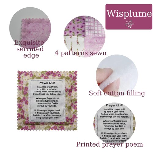 Wisplume Mini Prayer Quilt with Cross Inside Vintage Pocket Scripture Prayer Quilt Squares Sympathy Christian Gifts for Women Pastor Appreciation Father's Day Graduates Gifts (Purple)