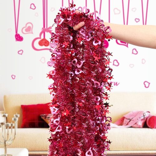 40Ft Tinsel Garland Red Pink Heart Garland Metallic Twist Shiny Hanging Decoration for Wedding Anniversary Birthday Indoor Outdoor Party Supplies