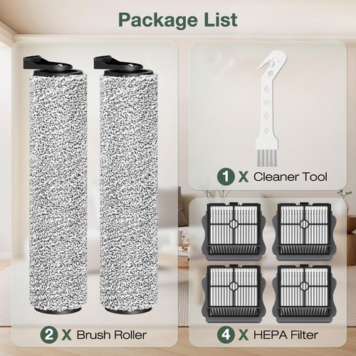2+4 Pack iFloor 3/ S3 Brush Roller and HEPA Filter Set Compatible with Tineco iFloor 3/ Floor One S3 Cordless Vacuum Cleaner, 2 Pack Brush Rollers + 4 Pack Vacuum HEPA Filters