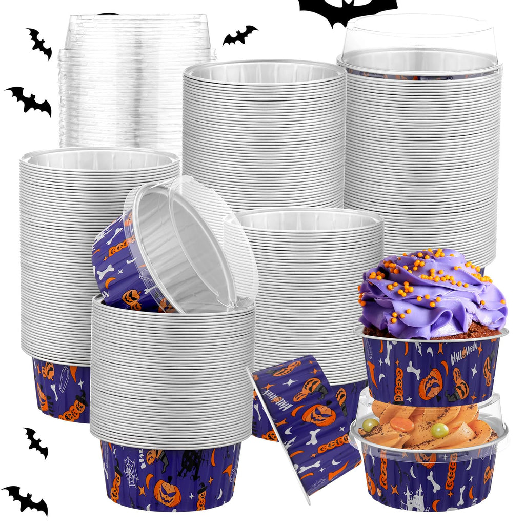 Teenyyou 100 Pcs Halloween Mini Aluminum Foil Cupcake Baking Cups with Lids 5 oz Baking Liner Cups Cupcake Containers Pans or Halloween Party Wedding Birthday Party (Round)