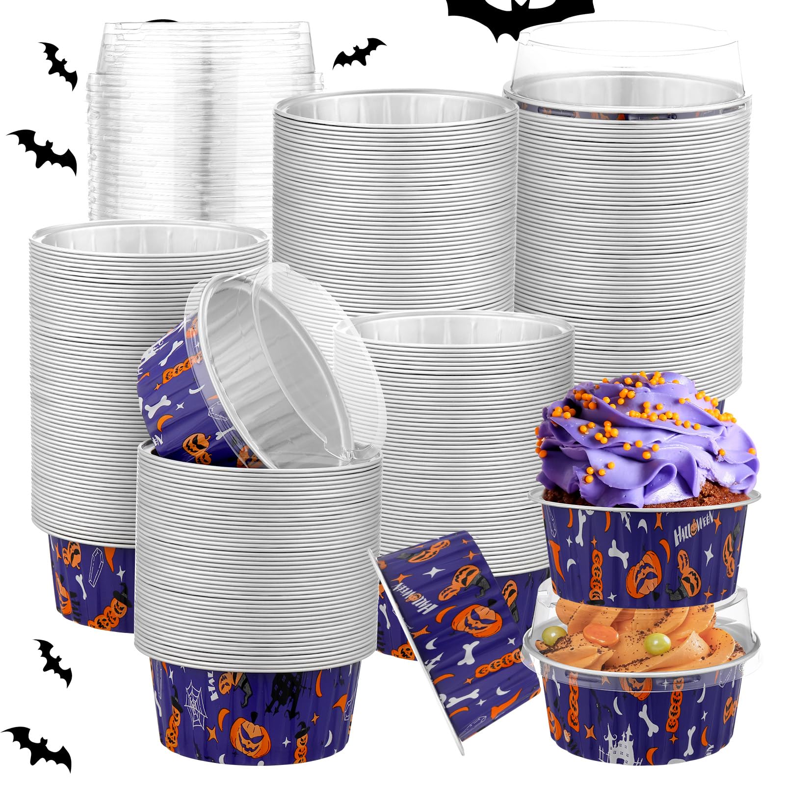 Teenyyou 100 Pcs Halloween Mini Aluminum Foil Cupcake Baking Cups with Lids 5 oz Baking Liner Cups Cupcake Containers Pans or Halloween Party Wedding Birthday Party (Round)