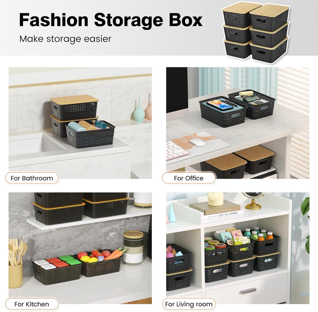 Ohmlove Plastic Storage Baskets - Stackable Containers with Bamboo Lid for Organizing | 6 Pack