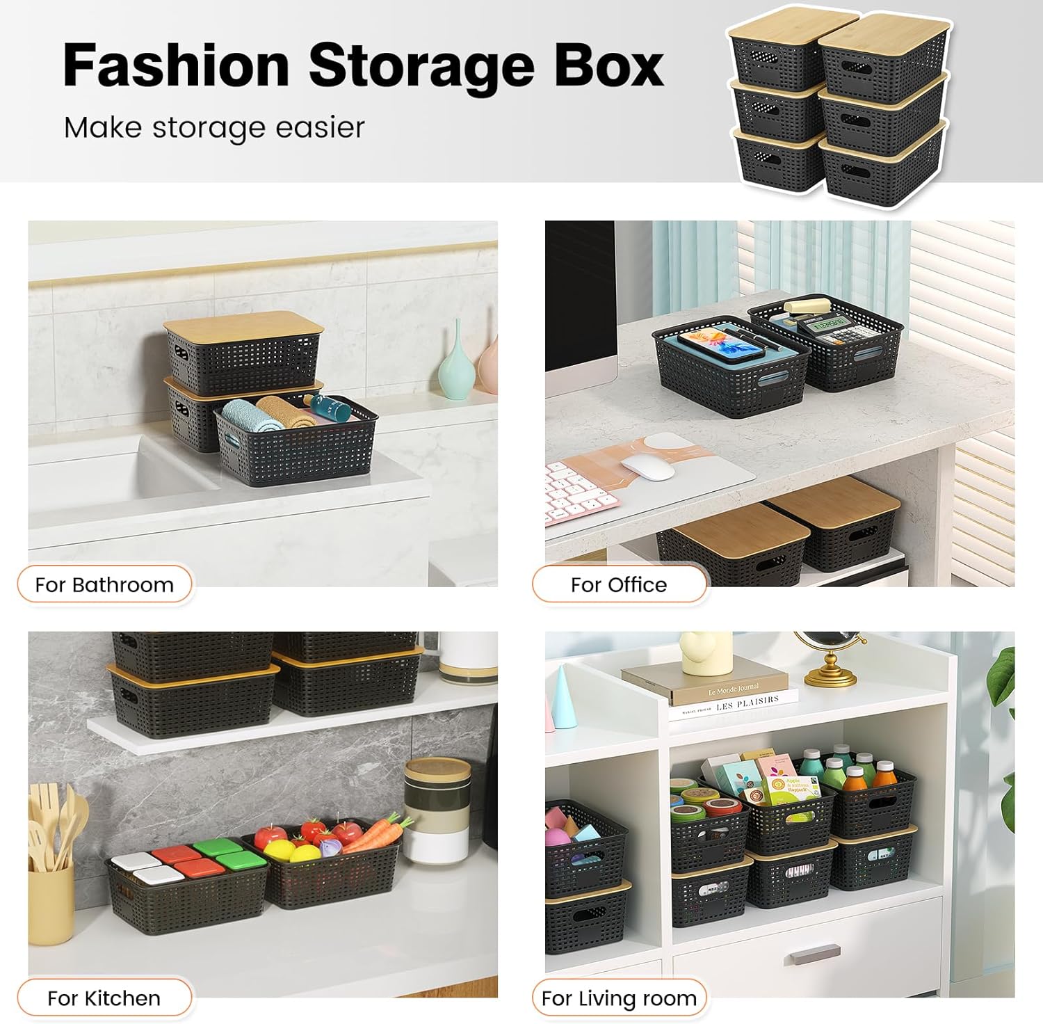 Ohmlove Plastic Storage Baskets - Stackable Containers with Bamboo Lid for Organizing | 6 Pack