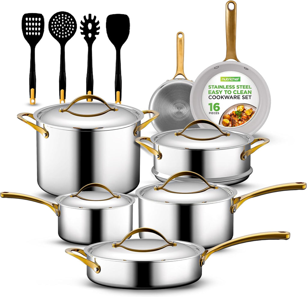 NutriChef 16-Piece Stainless Steel Kitchenware Set - Non-Stick Pots, Pans & Nylon Utensils