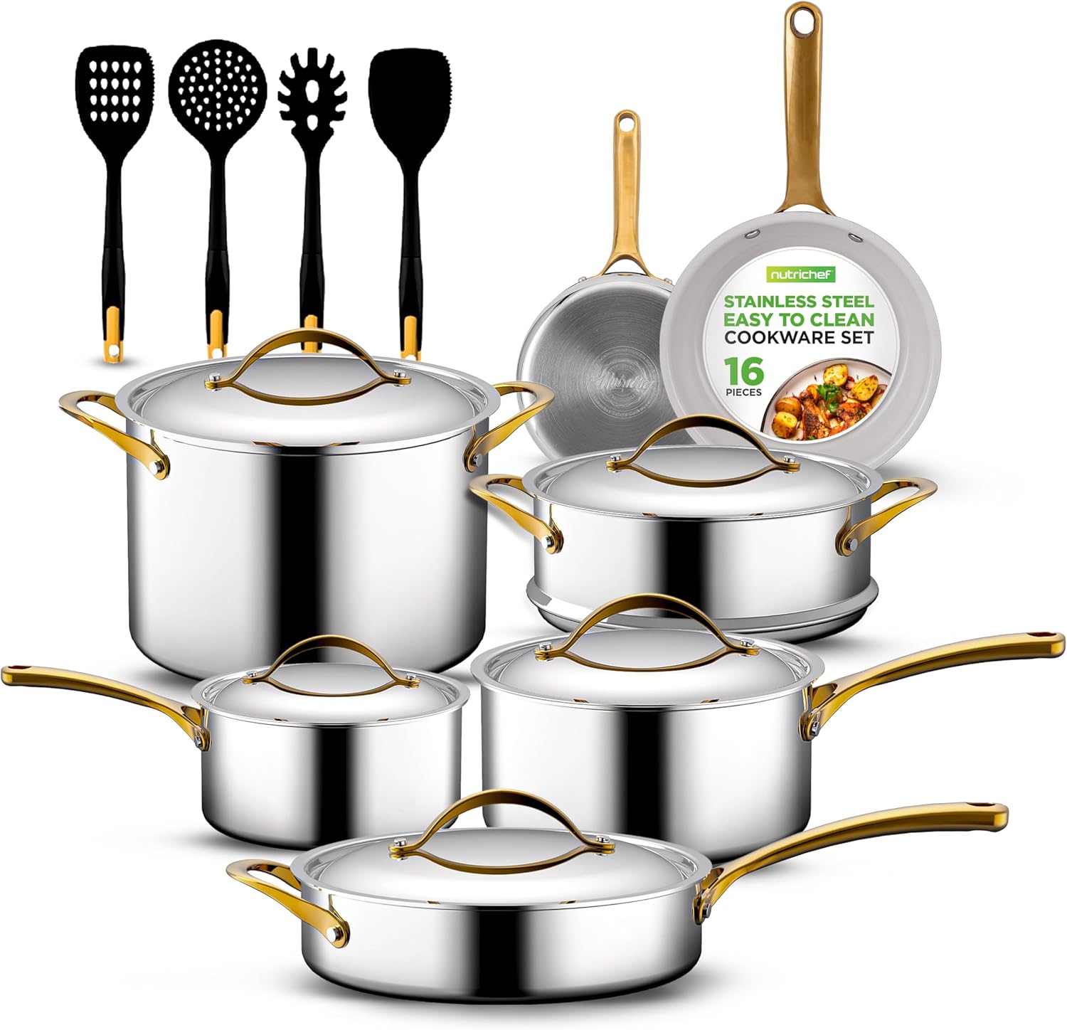NutriChef 16-Piece Stainless Steel Kitchenware Set - Non-Stick Pots, Pans & Nylon Utensils