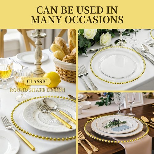 40 PCS Gold Beaded Charger Plates, 13 In Clear Plate Chargers Bulk Wedding, Clear and Gold Charger Plates with Beaded Rim for Party, Wedding, Home Kitchen Tabletop
