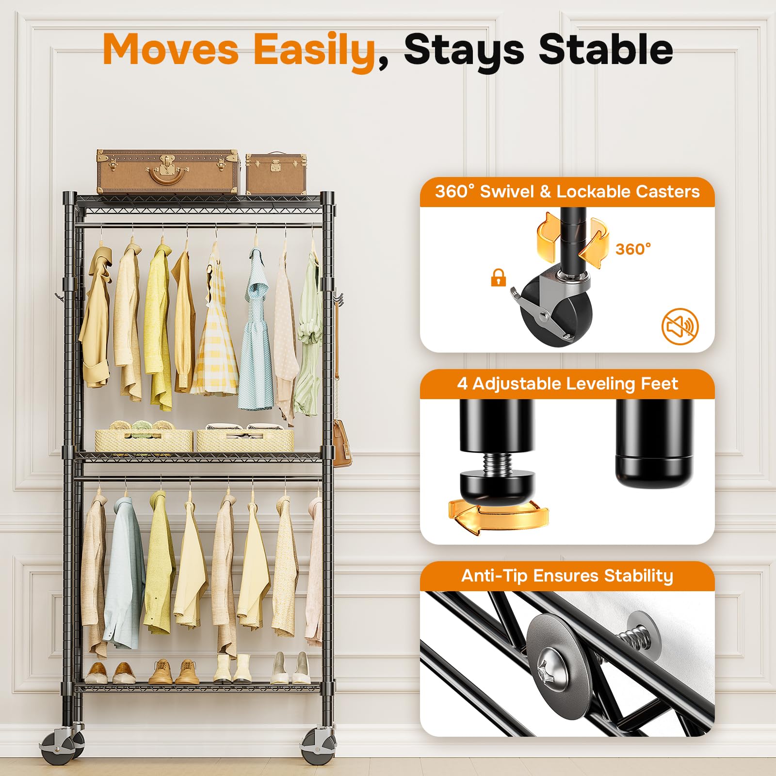 Simple Deluxe Rolling Clothes Rack, Heavy Duty Clothing Rack, 3-Shelf Portable Adjustable Wardrobe Closet with Wheels, Hanging Rods & Side Hooks, 29.5" W x 15.7" D x 75.6" H, Black