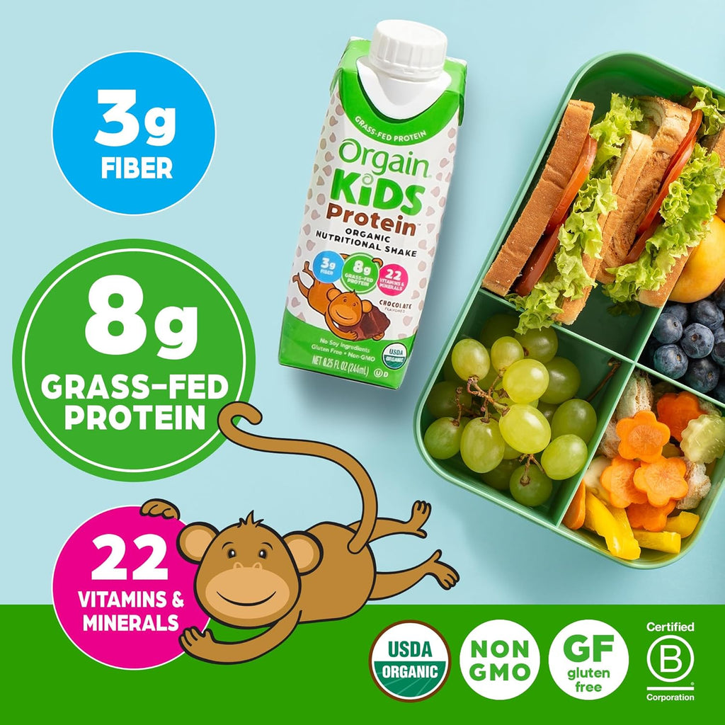 Orgain Organic Kids Protein Shake - Chocolate Flavor, 8g Dairy Protein, 22 Vitamins & Minerals | Gluten-Free, Non-GMO, 8.25 Fl Oz (Pack of 12)