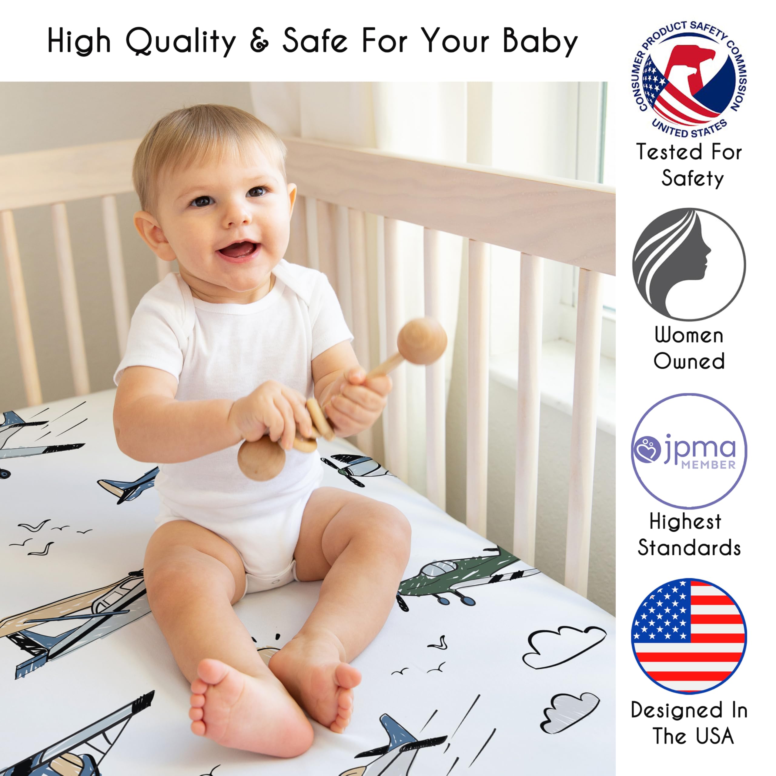 Sweet Jojo Designs 2-Piece Baby Crib Sheets Set (Vintage Airplane) for Boys, Infant Nursery, Toddler Room - Fitted, Standard Size (Airplanes, Plane, Transportation, Aviator, Clouds, Green, Slate Blue)