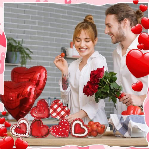 Cinnvoice 6 Pack Valentine's Day Wood Heart Sign Heart Tiered Tray Decor Wooden Valentines Decorations Red Pink Blocks for Table Weeding Anniversary Party(Classic)
