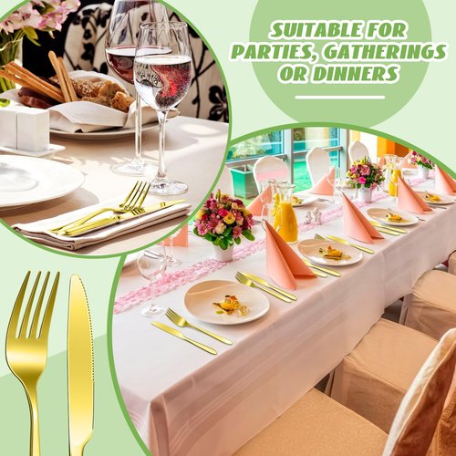 Nuenen 50 Pieces Stainless Steel Forks Silverware Set Dinner Forks and Knives Flatware Tableware Cutlery Set for Kitchen Restaurant(7.1 x 1 Inch, 8.4 x 0.7 Inch,Gold)