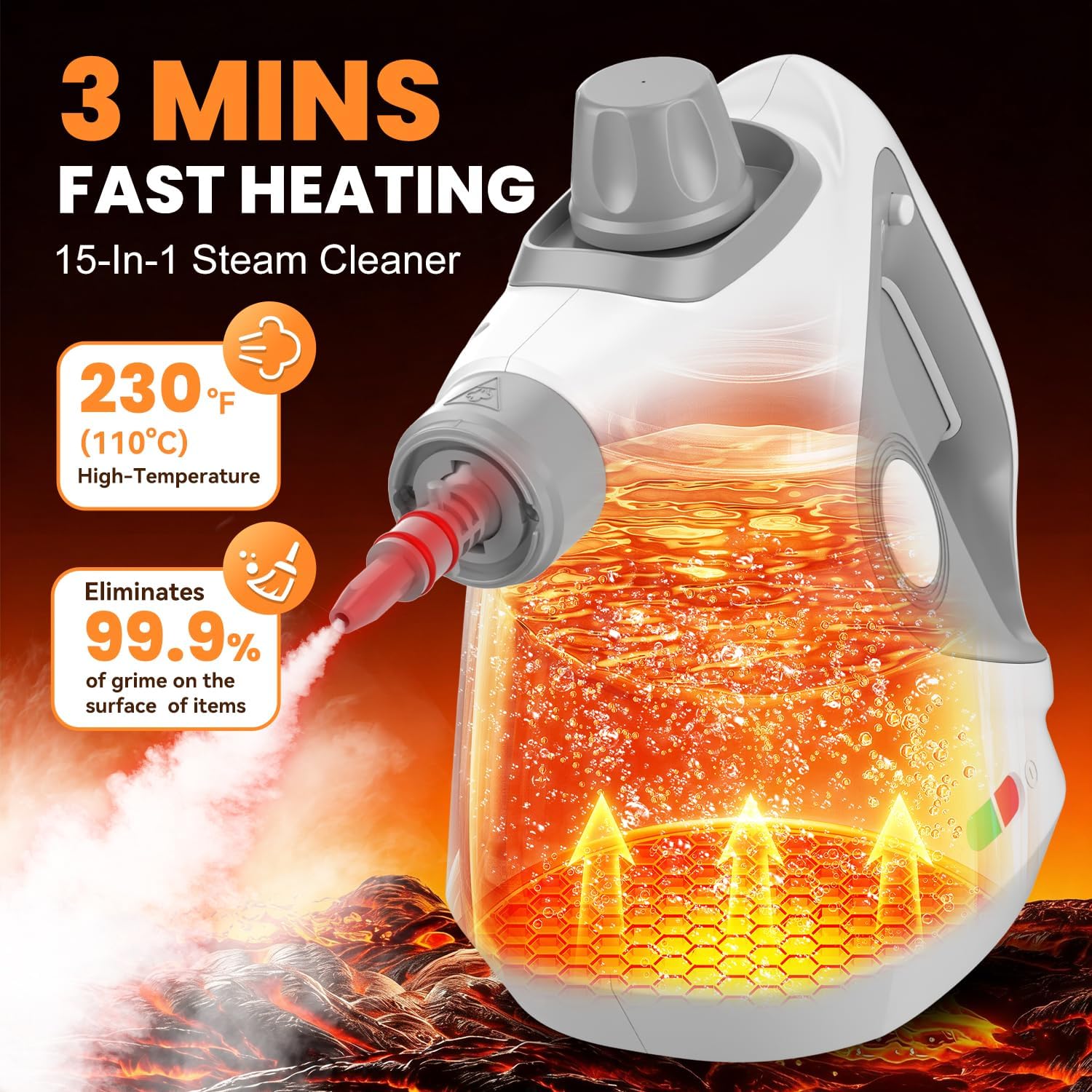 Skiennix Handheld Steam Cleaner - Portable Pressurized Steamer with 15 Accessories for Multi-Surface Cleaning | Grey Cap & Handle