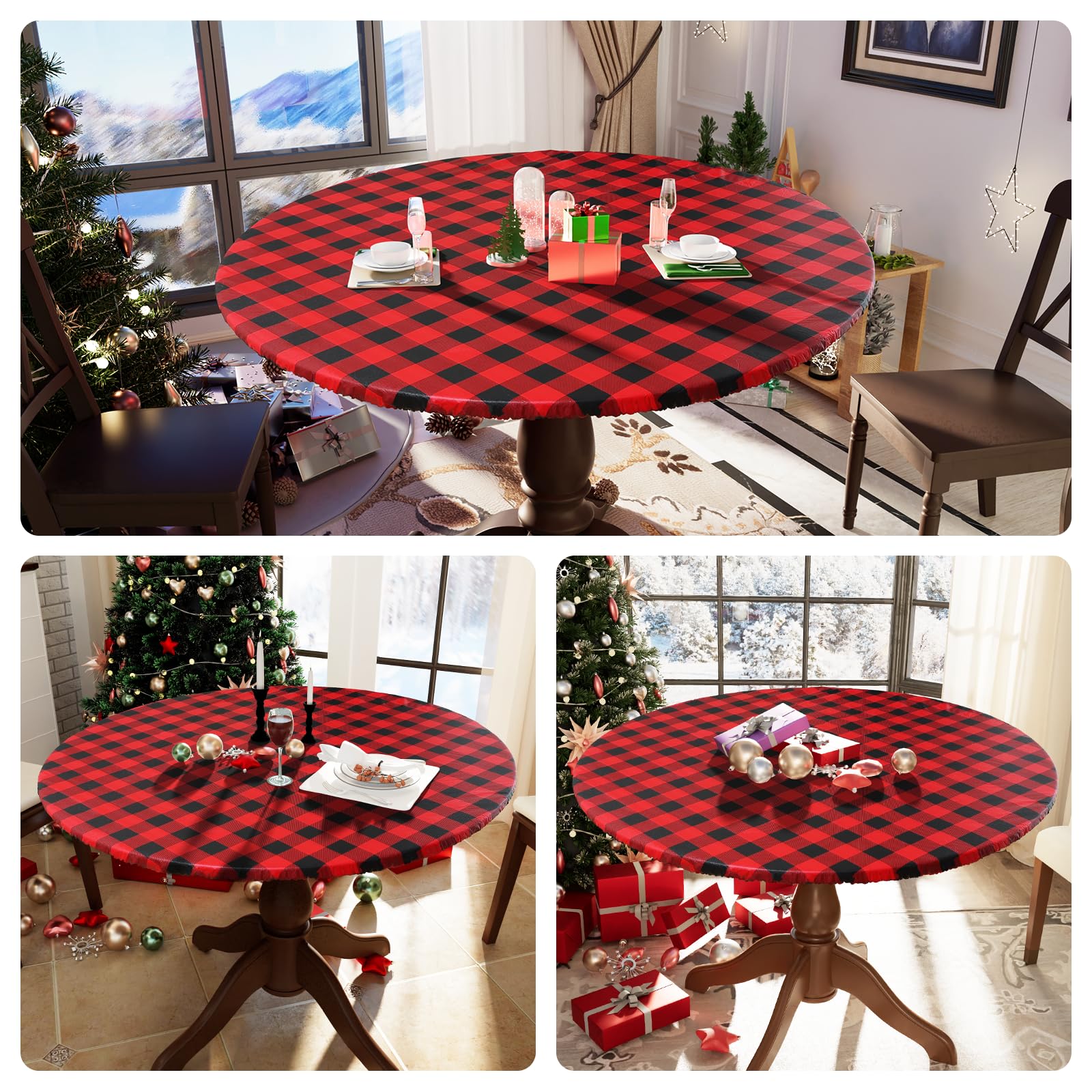 Smiry Round Picnic Tablecloth, Elastic Waterproof Fitted Vinyl Tablecloths for 57"-68" Tables, Flannel Backed Buffalo Plaid Table Cover for Dining, Camping, Outdoor, Black and Red