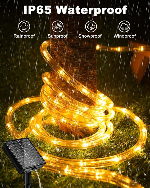 Btfarm Solar Rope Lights - 120 LED Waterproof 46FT Outdoor String Lights | 8 Lighting Modes for Garden, Party, Wedding Decor - Warm White