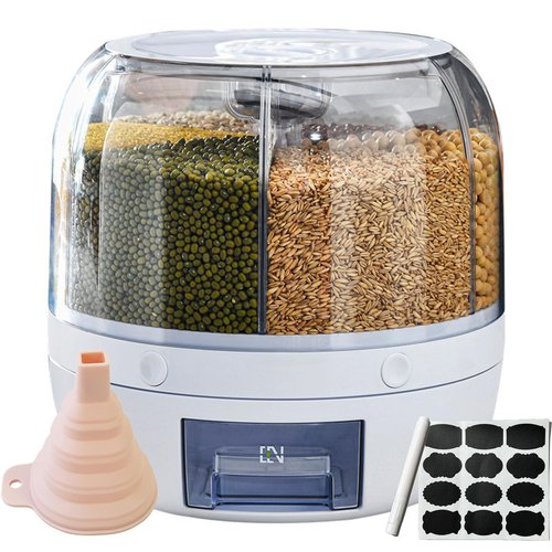 WYSYZJJ Rotating grain distributor, 6-grid large rice storage container for storing rice, beans and cat food, sealed and moisture-proof, large size.