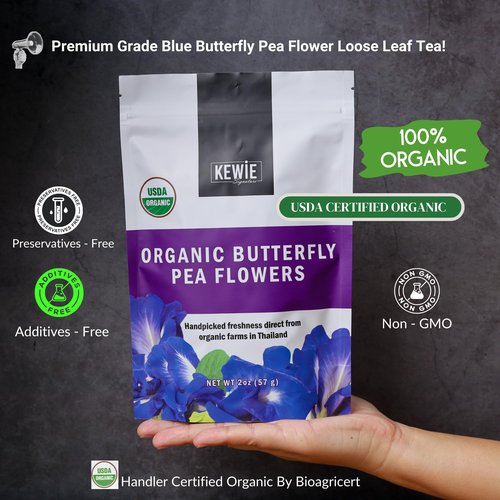 KEWIE Signature Butterfly Pea Flower Tea – 2oz Premium-Grade Blue Butterfly Pea Flower Organic Loose Leaf Tea – Caffeine-Free, USDA Organic – Natural Food Coloring – Vegan and Gluten-Free
