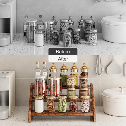 KLM 3-Tier Spice Rack - 13.8 Inch Wood Step Shelf for Kitchen Pantry & Bathroom Organization