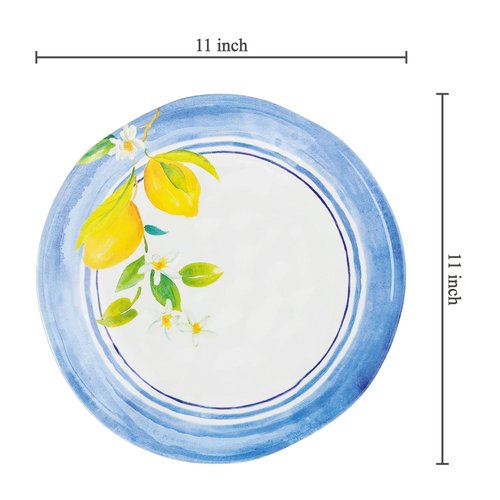 UP UPware Lovely Lemons Melamine Dinner Plate Set, Round Plates for Main course, Pasta, and Salad, BPA-Free, Dishwasher Safe, Blue, 11 Inch, Set of 6