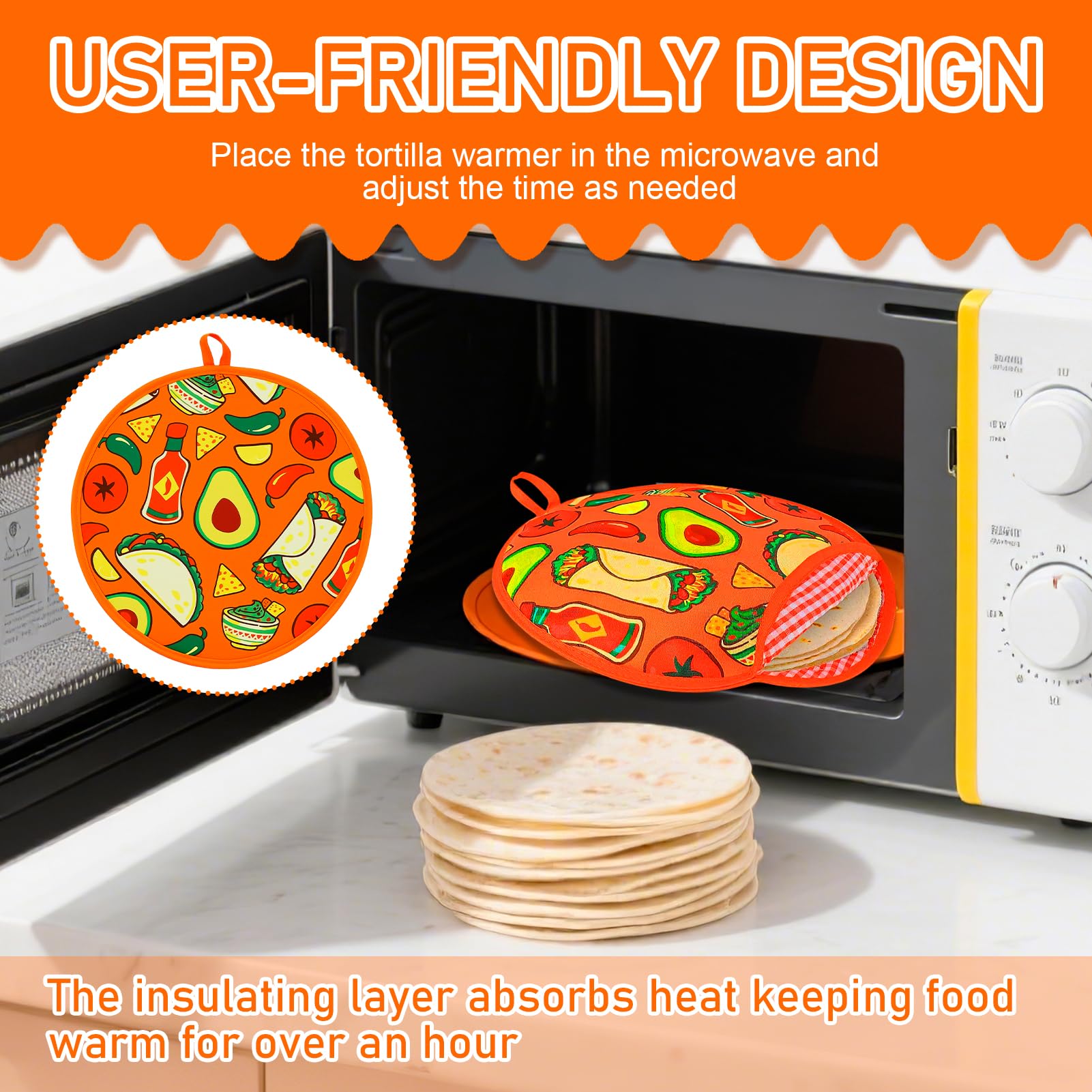 1 Pcs 12 Inch Tortilla Warmer Pouch,Orange Microwave Tortilla Warmer Fabric Pouch,Microwavable Insulated tortilla Holder,Keeps Naan and Pizza Rolls Warm for One Hour,Outlasting Ideal for Family Feasts