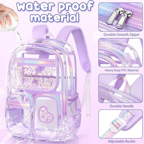 Fimibuke Clear Backpack - Heavy Duty PVC Transparent Bookbag Set for Girls | Includes Lunch Box & Pencil Case, Pink